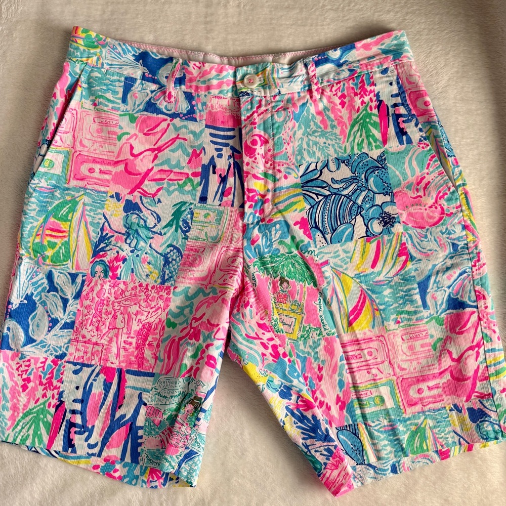 Lilly Pulitzer Men’s SUMMER REMIX PATCH BEAUMONT SHORTS Flat Front Size 32 R